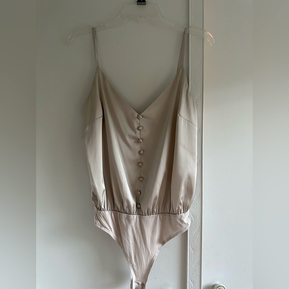 Elegant Beige Satin Spaghetti Bodysuit